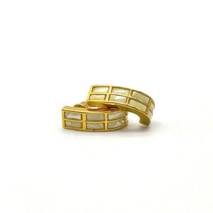 Vintage Gold Tone Half Hoop‎ Earrings Mother of Pearl Inlay Geometric Stud Post